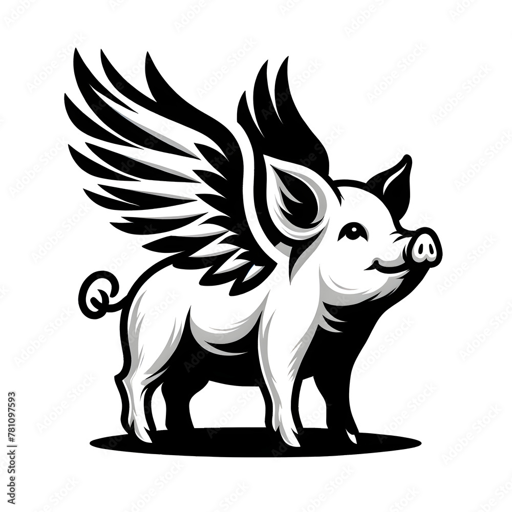 Obraz premium flying pig black and white simple minimalistic logo icon tattoo vector style illustration