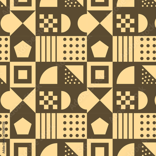 Abstract geometric seamless pattern background with circles, lines, triangles, squares, rectangles, semicircles, shapes, and polygons.
