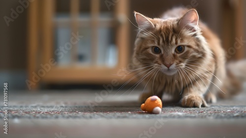 Energetic Tabby Cat Engages in Playful Game of Fetch with Toy Mouse on Cozy Home Floor