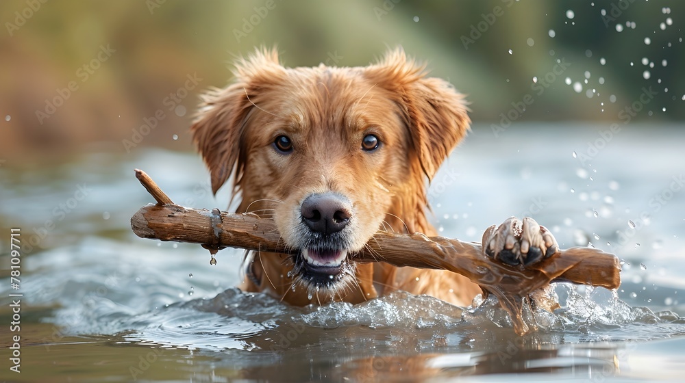 Golden Retriever Dog Paddling through Water to Retrieve a Wooden Stick Showcasing Perseverance and the Love of Water Play Golden Retriever Dog Paddling through Water to Retrieve a Wooden Stick Showcasing Perseverance and the Love of Water Play
