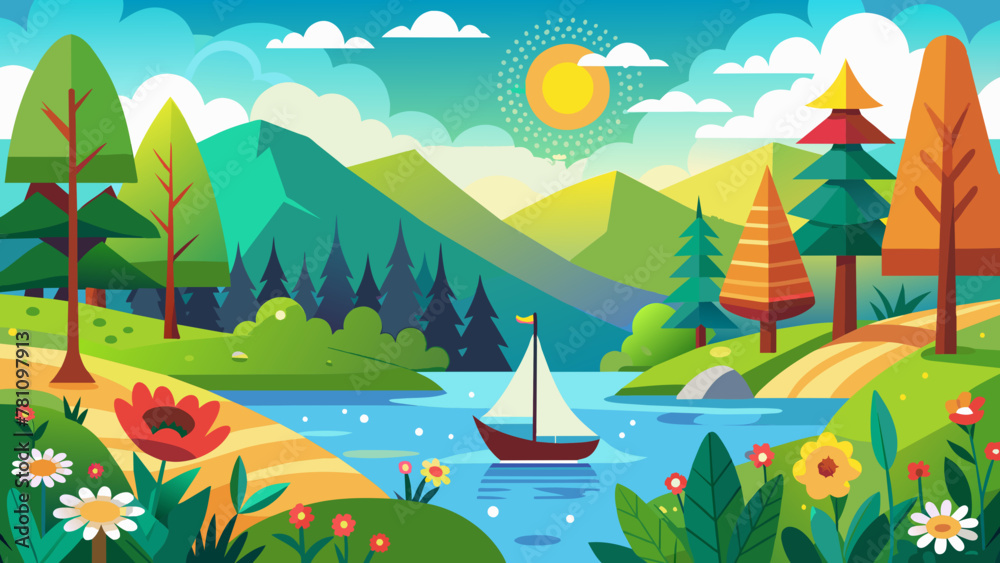  sun-forest-fields-lake-flowers-boat vector illustration 