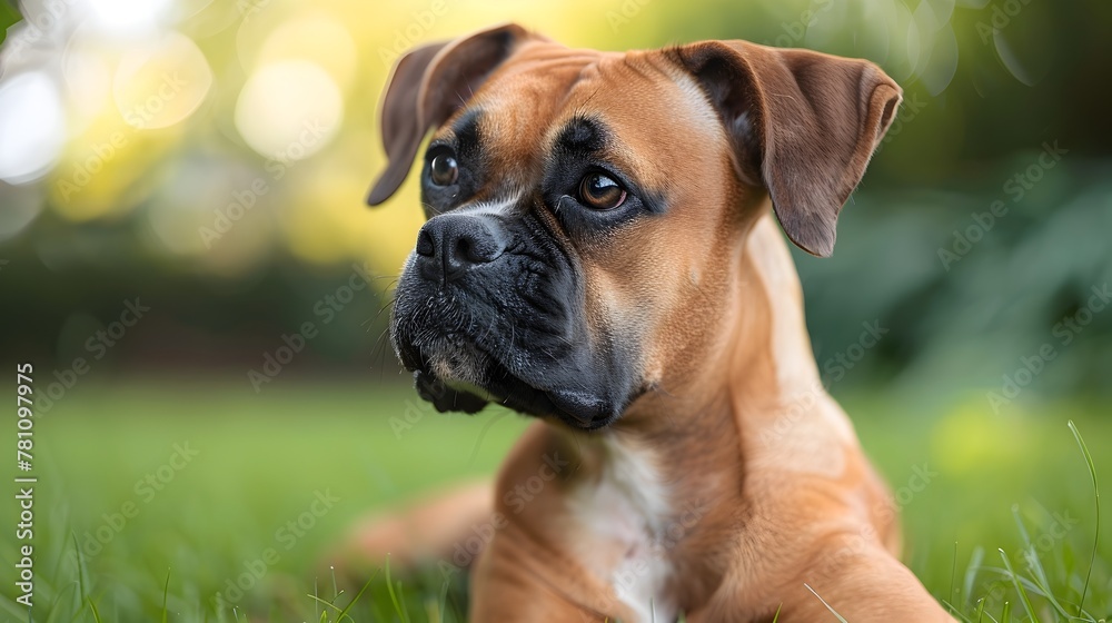 Playful Boxer Dog in Lush Outdoor Setting Showcasing Breed s Muscular Build and Energetic Nature
