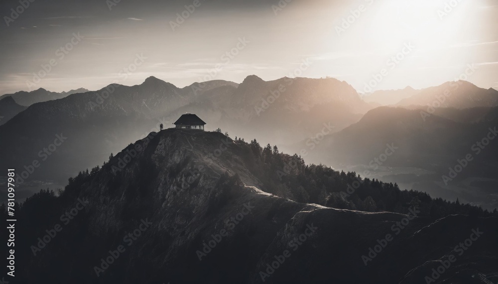 Naklejka premium schafberg mountain top with hut at sunset salzburg land austria