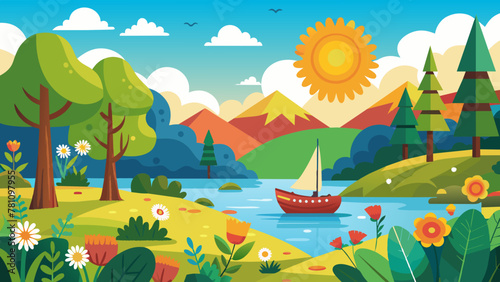  sun-forest-fields-lake-flowers-boat vector illustration  © Jutish