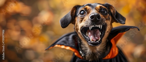Close-up of a playful dog in a vampire costume showing off fake fangs in a nature-filled autumn environment.