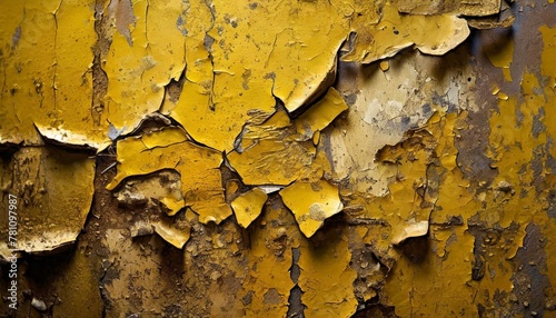 a detailed close up of a yellow metal surface with chipped and peeling paint revealing the textures and wear of the material