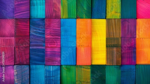 Header image or cover image for something creative or diverse. Wide format background of wooden blocks. Spectrum of multi-colored wooden blocks aligned. 