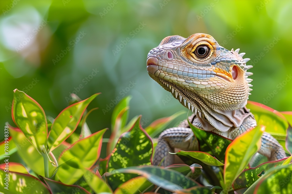 Vibrant Green Water Dragon Peeking Through Lush Foliage in Tropical Habitat Vibrant Green Water Dragon Peeking Through Lush Foliage in Tropical Habitat