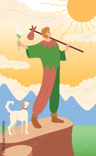 Major Arcana tarot card design. Hand drawn cartoon linear flat style. THE FOOL