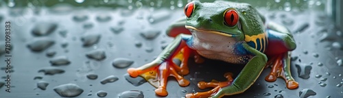 Vibrant Red Eyed Tree Frog Clinging to Rainy Window Highlighting the Exotic Appeal of Amphibians in Close Up