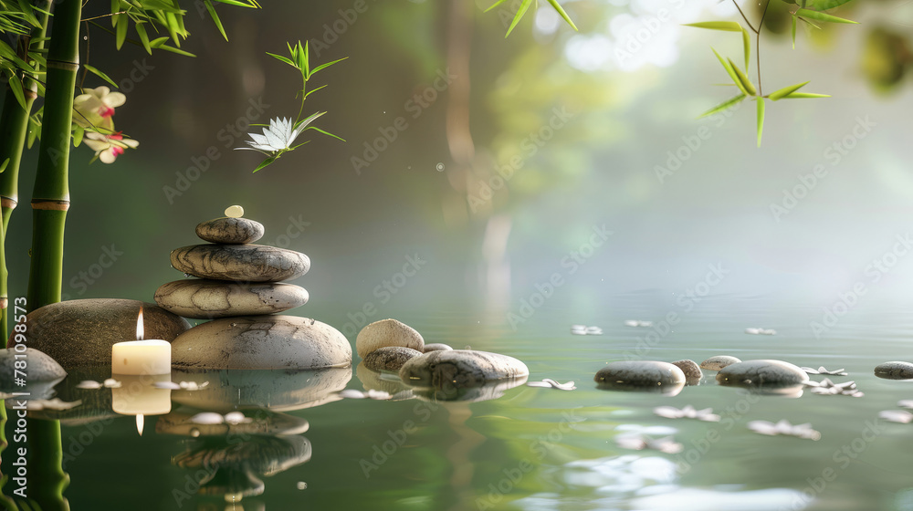 Naklejka premium This image captures the essence of a zen garden with stacked stones, calm water, and the soft presence of green bamboo and white flowers