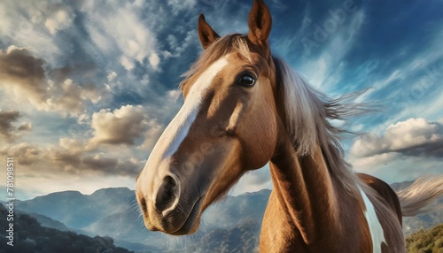 a close up of a horse s face with a blue sky and clouds in the background and a few clouds in the sky © Robert