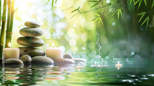 An image displaying a serene spa environment with bamboo sticks  candles on water  and a sense of tranquility Perfect for wellness concepts