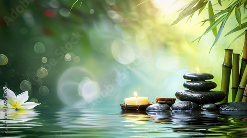 A beautifully composed image of a zen-like setting with a white lotus flower  candles  and stones on rippling water surface
