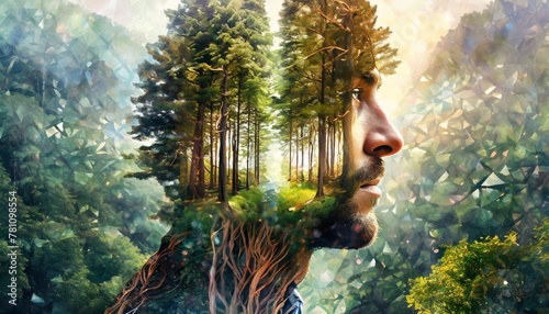 double exposure combines face and forest the concept of the unity of nature and man the vitality of the human soul in nature illustration illustration for cover card interior design poster etc
