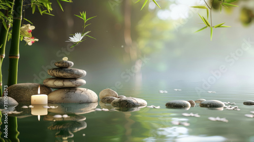 This image captures the essence of a zen garden with stacked stones, calm water, and the soft presence of green bamboo and white flowers