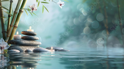 An image of a zen-like tranquil setting with flickering candles, stones in water, and white orchids enhancing the peaceful mood