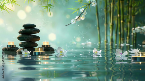 Peaceful zen-inspired scene featuring balanced stones  candles  bamboo  and water reflecting a serene ambiance
