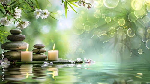 A peaceful Zen inspired scene with stacked stones surrounded by water and blooming white flowers  invoking relaxation