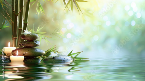 A reflective and Zen-centric scene with lit candles and bamboo emerging from the water, symbolizing tranquility and simplicity