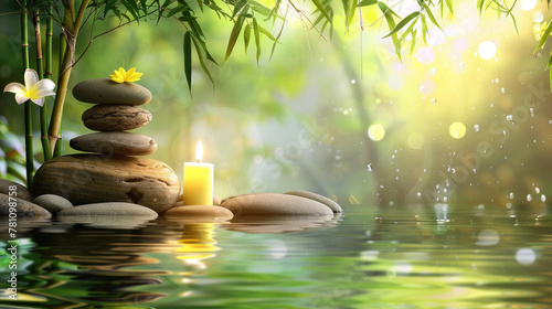 A tranquil scene with a stack of Zen stones and a single candle gently illuminated by waterside  reflecting serenity and calm