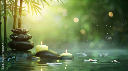 A serene and peaceful image depicting a spa-like setting with candles  stones  and bamboo  invoking relaxation and tranquility