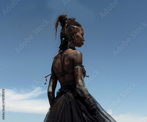 Beautiful  strong and proud Himba  woman in long black dress - futuristic outfot standing against blue sku on sunny day