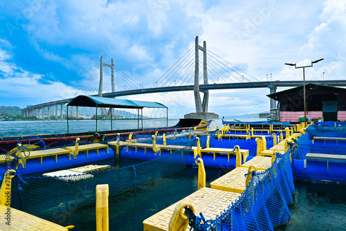 Floating net cages for marine fish farming, in Ambon Bay, Indonesia