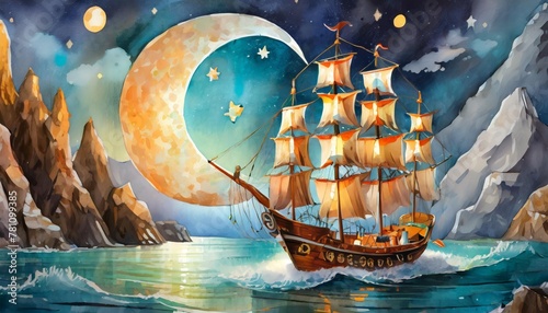 cute fox pirate transports the moon ship and anhor watercolor postcard decor for a children s room photo