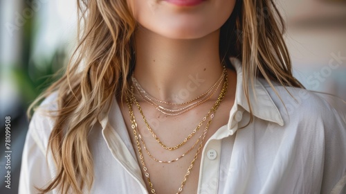 A woman layering delicate gold necklaces for a trendy look.  photo