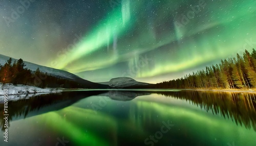 northern lights reflected on lake lapland finland scandinavia europe photo