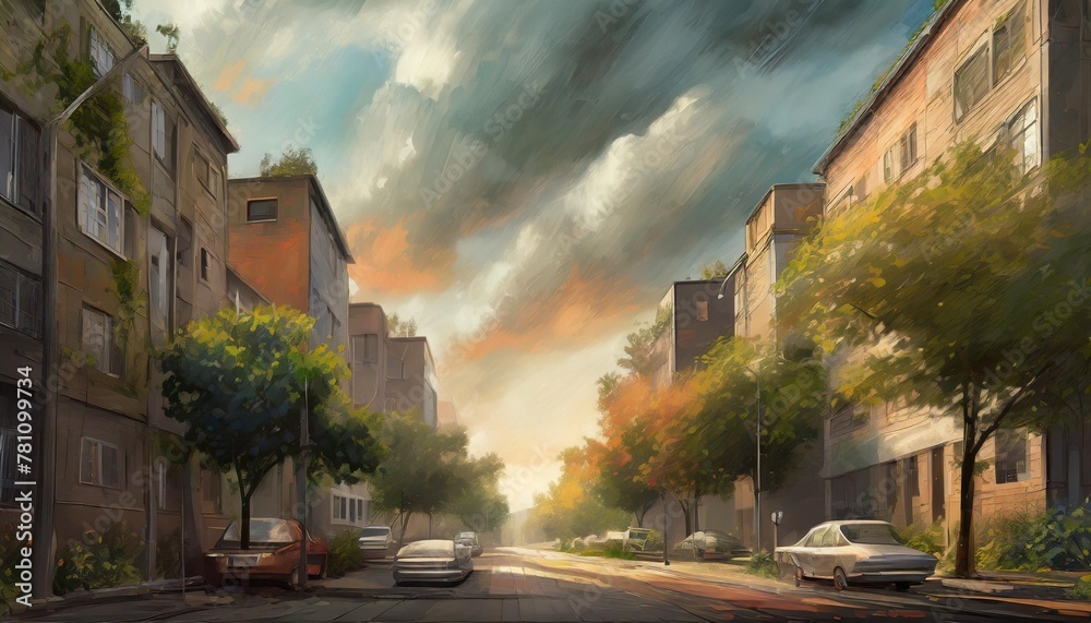 urban painting with buildings trees and clouds in a bustling neighborhood