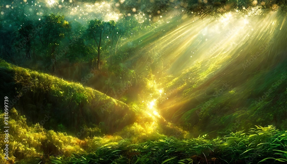 a beautiful green landscape with sunrays coming from the side making gold sparkles