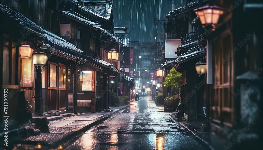 ai generated ai generative traditional japanese city town walking street night life in rain time cityscape adventure travel explore future cyberpunk asian vibe