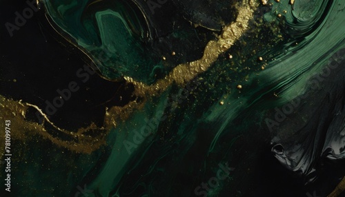 abstract dark green ink acrylic splashes background with fine golden elements