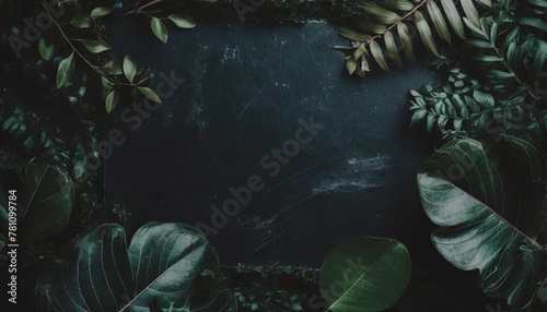 a black surface with a chalkboard design surrounded by a sea of lush green foliage and leaves