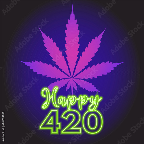 Happy 420 banner or greeting card. Weed Day Holiday concept. Neon purple hemp marijuana leaf on dark night background. Modern vector illustration