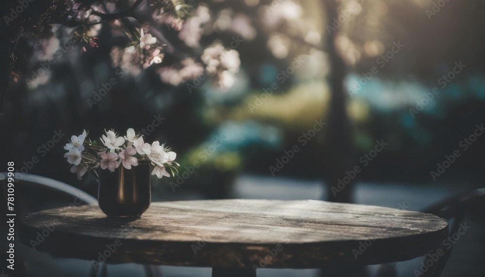 spring table with trees in blooming and defocused sunny garden in background