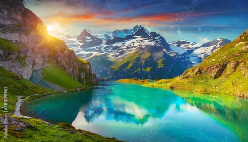incredible summer sunrise on totensee lake green morning landscape of grimselpass switzerland europe spectacular outdoor scene of swiss alps bern canton beauty of nature concept background photo