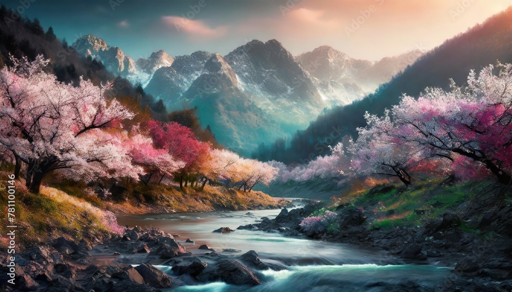 digital art of serene mountain landscape with cherry blossoms and river springtime nature and tranquility concept design for wallpaper poster artistic illustration with vibrant colors