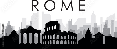 Black cityscape skyline panorama with gray misty city buildings background of ROME, ITALY