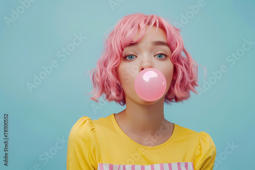 Illustrated portrait of a young pink hair girl chewing pink gum and making bubble gum balloons. Fashion makeup and short hair style. Illustration. Generative AI