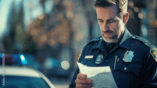 A police officer reading someone their Miranda rights.  photo