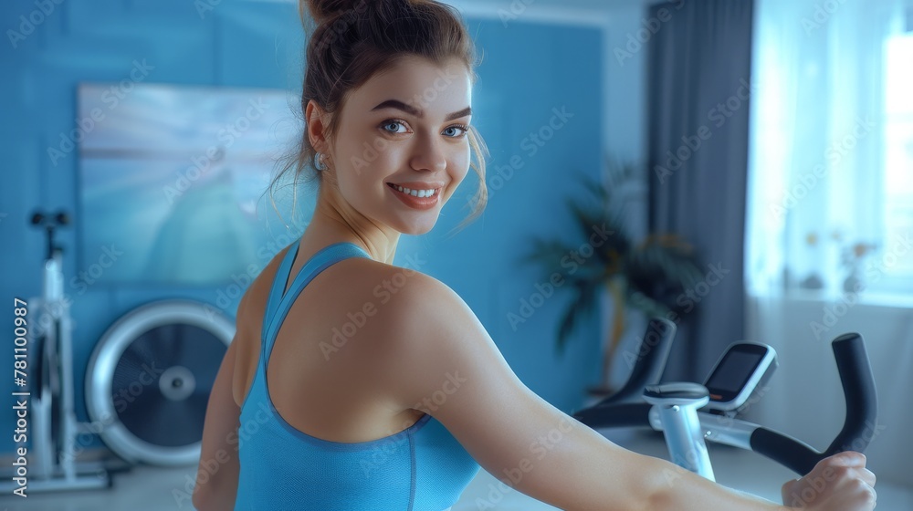Sporty happy girl training on exercise bike at home listening music looking aside, healthy life Sporty happy girl training on exercise bike at home listening music looking aside, healthy life