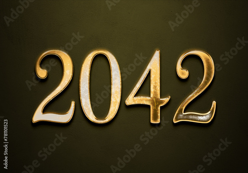 Old gold effect of 2042 number with 3D glossy style Mockup. 