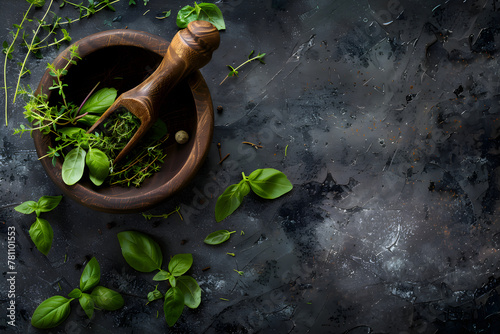 Fresh herbs in a wooden mortar on a gray background. Concept template banner with place for text, advertising spices, recipes, kitchen utensils. Healthy nutrition, important microelements.