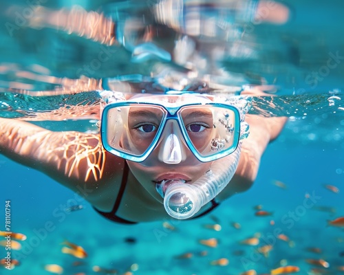 Underwater photo of woman snorkeling in a clear tropical water 