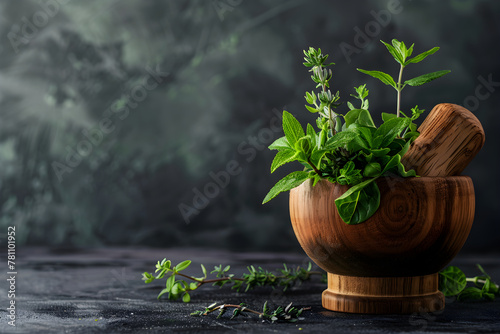 Fresh herbs in a wooden mortar on a gray background. Concept template banner with place for text, advertising spices, recipes, kitchen utensils. Healthy nutrition, important microelements. photo