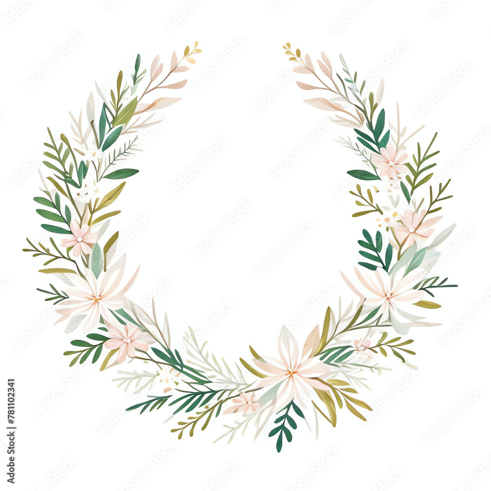 floral circle frame isolated on white background, 2d flat graphic illustration design, greeting cards,