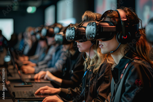 virtual reality conference room, participants wearing VR headsets to conferences © Jirapong